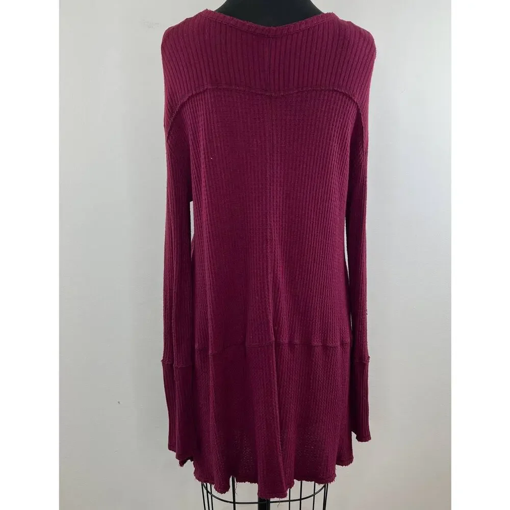 Free People Burgundy Purple Waffle Knit Plunge Neck Asymmetric Thermal Top S